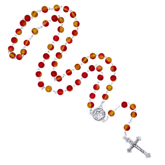 RED AND YELLOW GLASS  - ROSARY - METAL