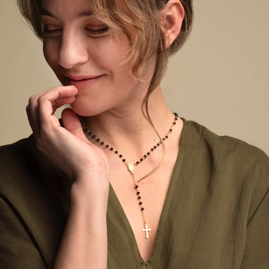 BLACK CRYSTAL ROZENKRANS KETTING - VERMEIL ZILVER