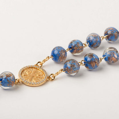 BLUE GLASS KRALEN ROZENKRANS - VERMEIL ZILVER