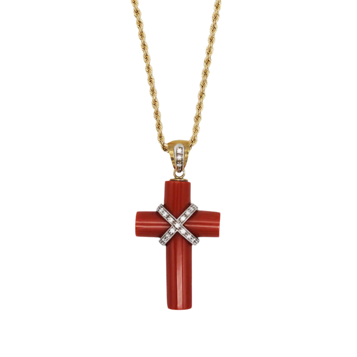 CORAL CROSS PENDANT NECKLACE WITH DIAMONDS - GOLD