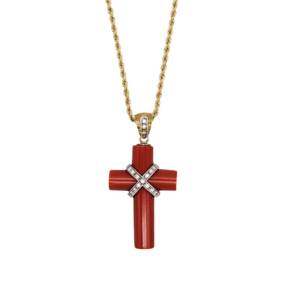 CORAL CROSS PENDANT NECKLACE WITH DIAMONDS - GOLD
