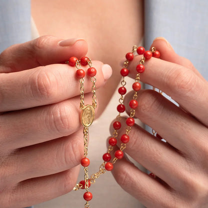 CORAL ROSARY - GOLDEN SILVER