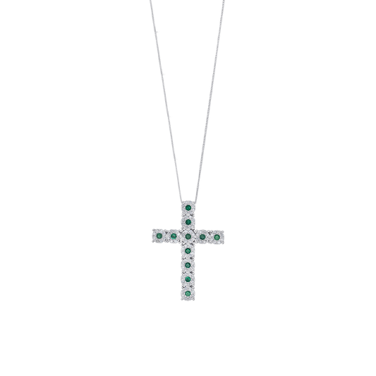 CROSS DIAMONDS NECKLACE - EMERALD AND WHITE GOLD