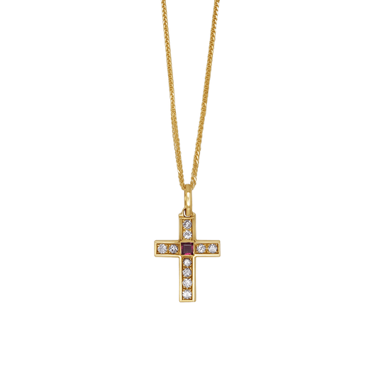 CROSS NECKLACE - DIAMONDS AND RUBY - GOLD