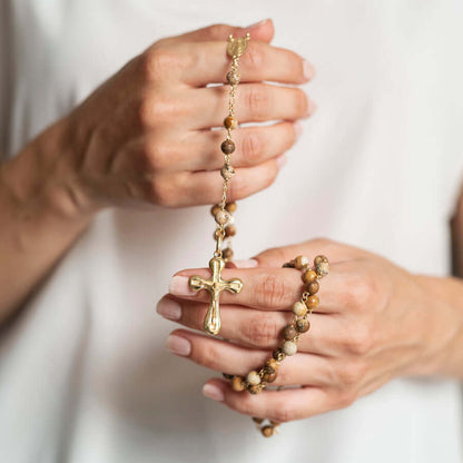FOSSIL WOOD ROSARY - VERMEIL SILVER