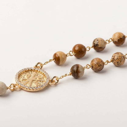 FOSSIL WOOD ROSARY - VERMEIL SILVER