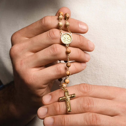 FOSSIL WOOD ROSARY - VERMEIL SILVER