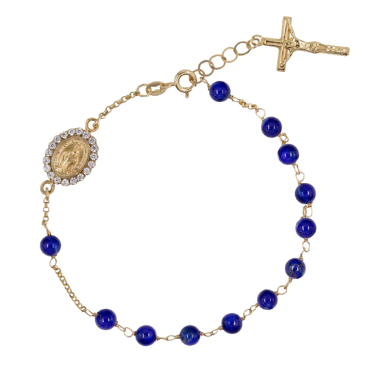 LAPIS LAZULI KRALEN ROZENKRANS ARMBAND - GOUD