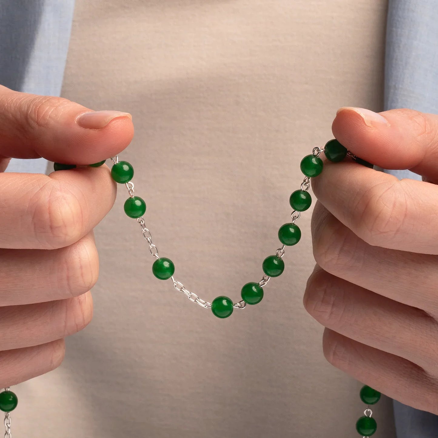 GREEN AGATE ROSARY - SILVER