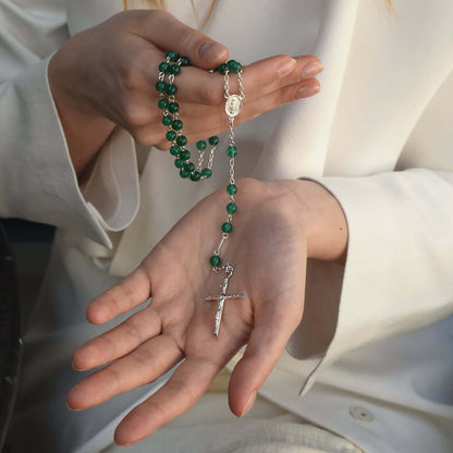 GREEN AGATE ROSARY - SILVER
