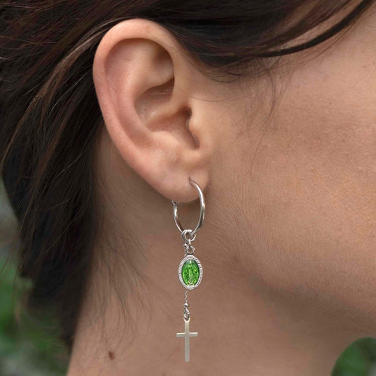 GREEN MIRACULOUS MEDAILLE - HOOP EARRINGS - ZILVER