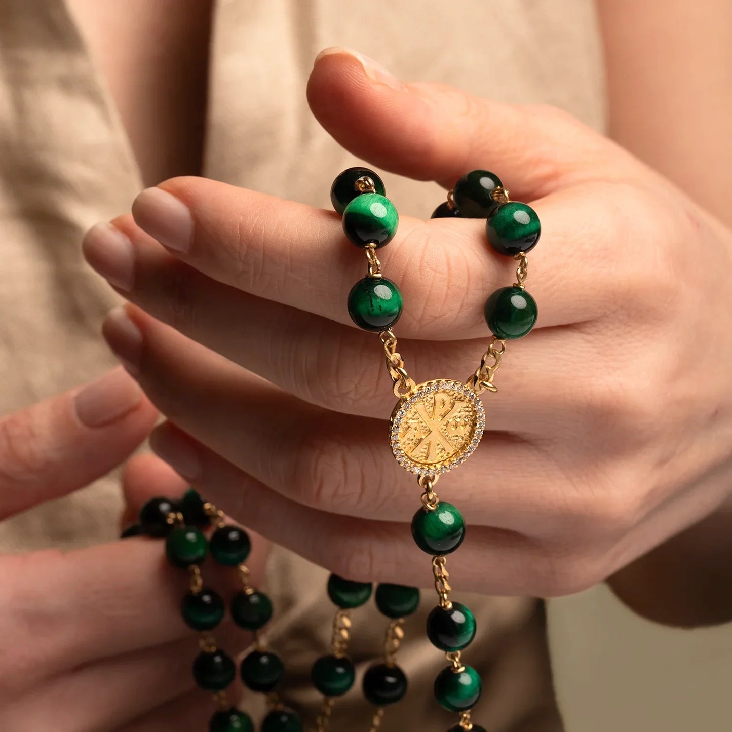 GREEN TIGER EYE ROSARY - VERMEIL SILVER