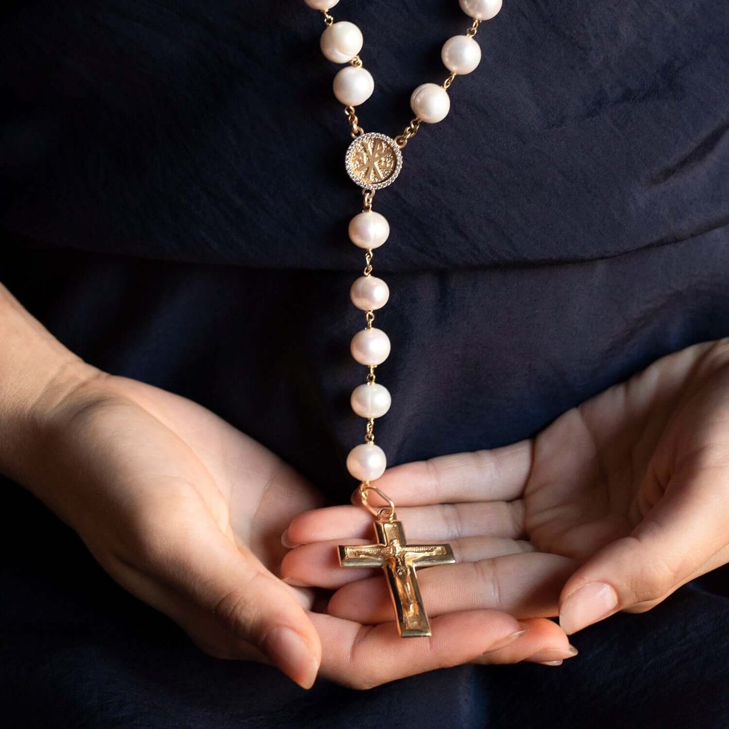 LARGE PEARL BEADS ROSARY - VERMEIL SILVER