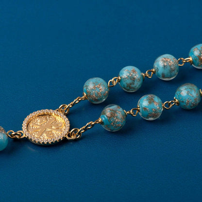 LIGHT BLUE GLASS BEADS ROSARY - VERMEIL SILVER