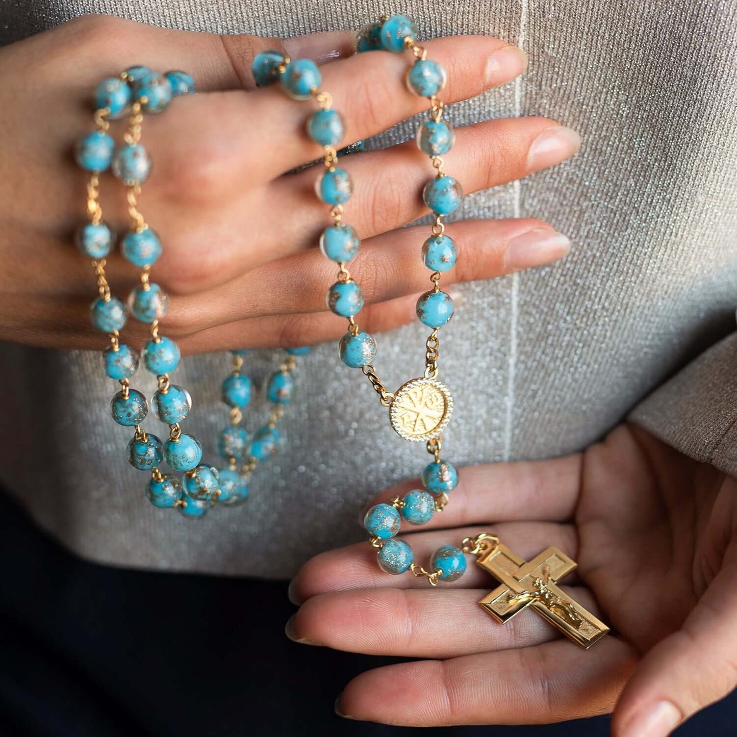 LIGHT BLUE GLASS BEADS ROSARY - VERMEIL SILVER