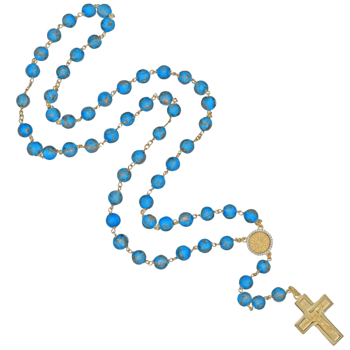 LIGHT BLUE GLASS BEADS ROSARY - VERMEIL SILVER