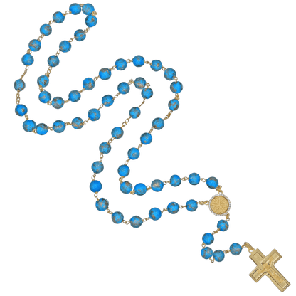 LIGHT BLUE GLASS BEADS ROSARY - VERMEIL SILVER