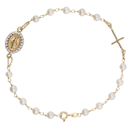 MIRACULOUS MEDAILLE EN KRUIS - CHRISTIAN ARMBAND - GOUD EN PEARLS