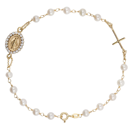 MIRACULOUS MEDAL AND CROSS - CHRISTIAN BRACELET - GOLD AND PEARLS