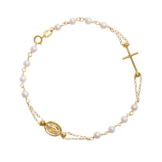 MIRACULOUS EN KRUIS - PEARLS ROZENKRANS ARMBAND - GOUD