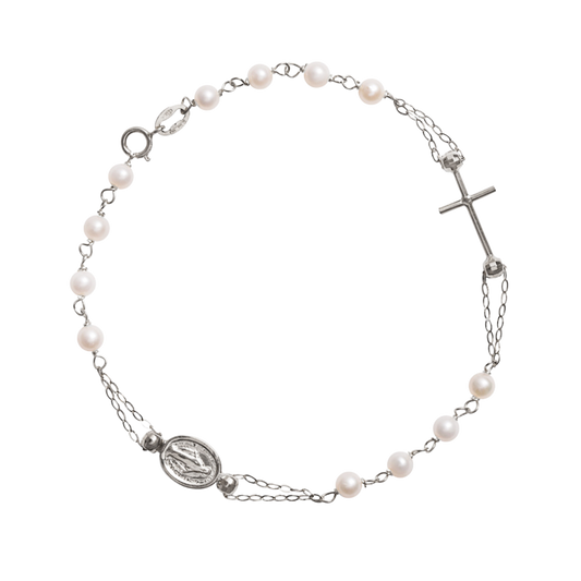 MIRACULOUS EN KRUIS - PEARLS ROZENKRANS ARMBAND - WITGOUD