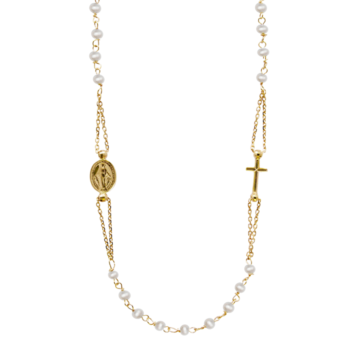 MIRACULOUS EN KRUIS - PEARL KETTING - GOUD