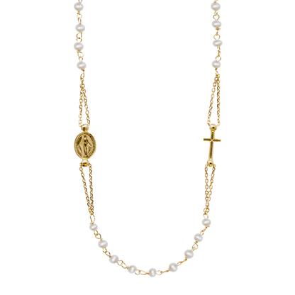 MIRACULOUS EN KRUIS - PEARL KETTING - GOUD