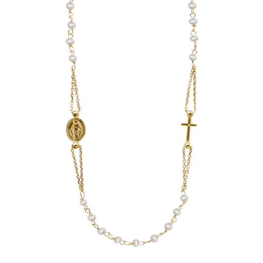 MIRACULOUS EN KRUIS - PEARL KETTING - GOUD