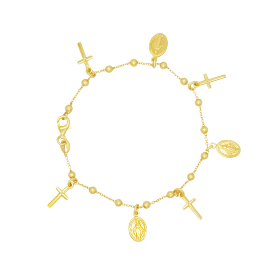 MIRACULOUS MEDAL AND CROSS CHARMS - BRACELET - GOLDEN SILVER