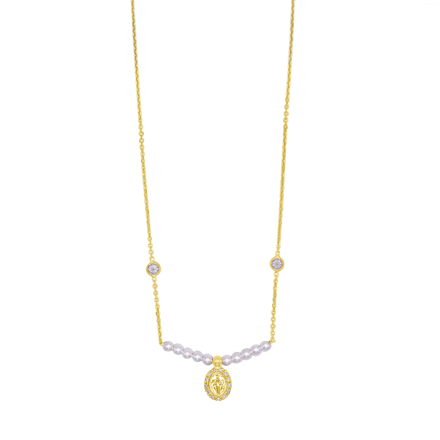 MIRACULOUS MEDAL NECKLACE - GOLDEN SILVER AND PEARLS