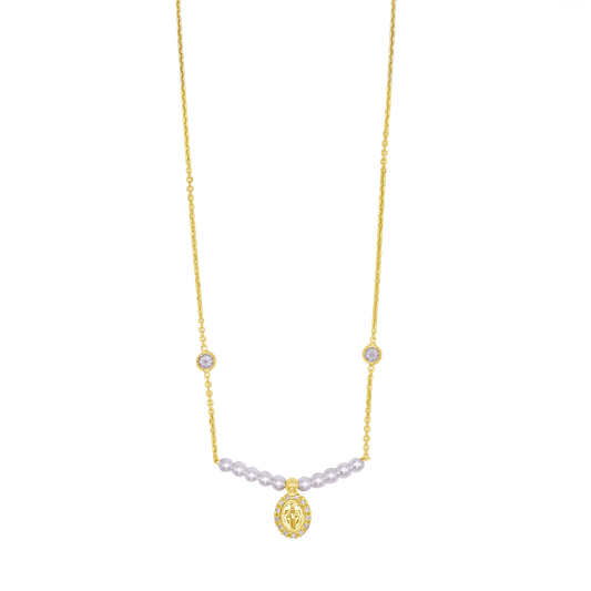 MIRACULOUS MEDAL NECKLACE - GOLDEN SILVER AND PEARLS