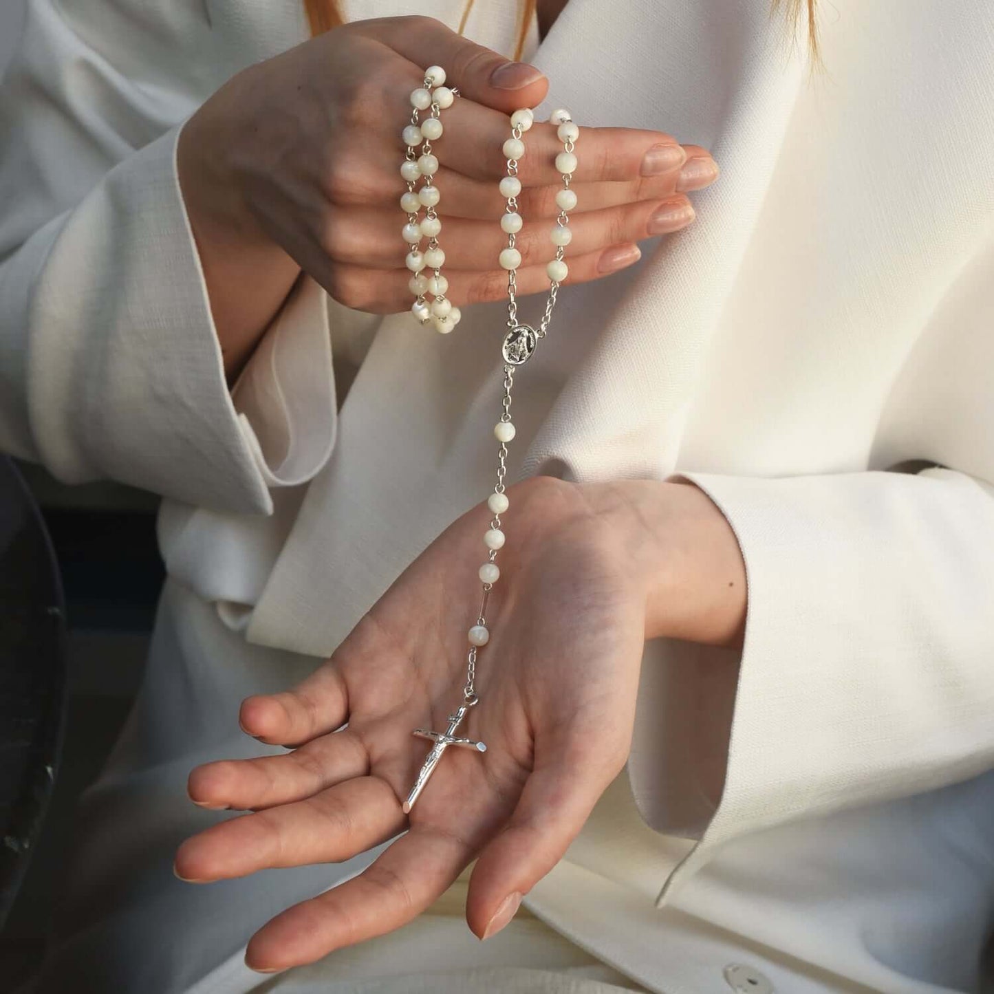 MOTHER OF PEARL ROSARY - SILVER