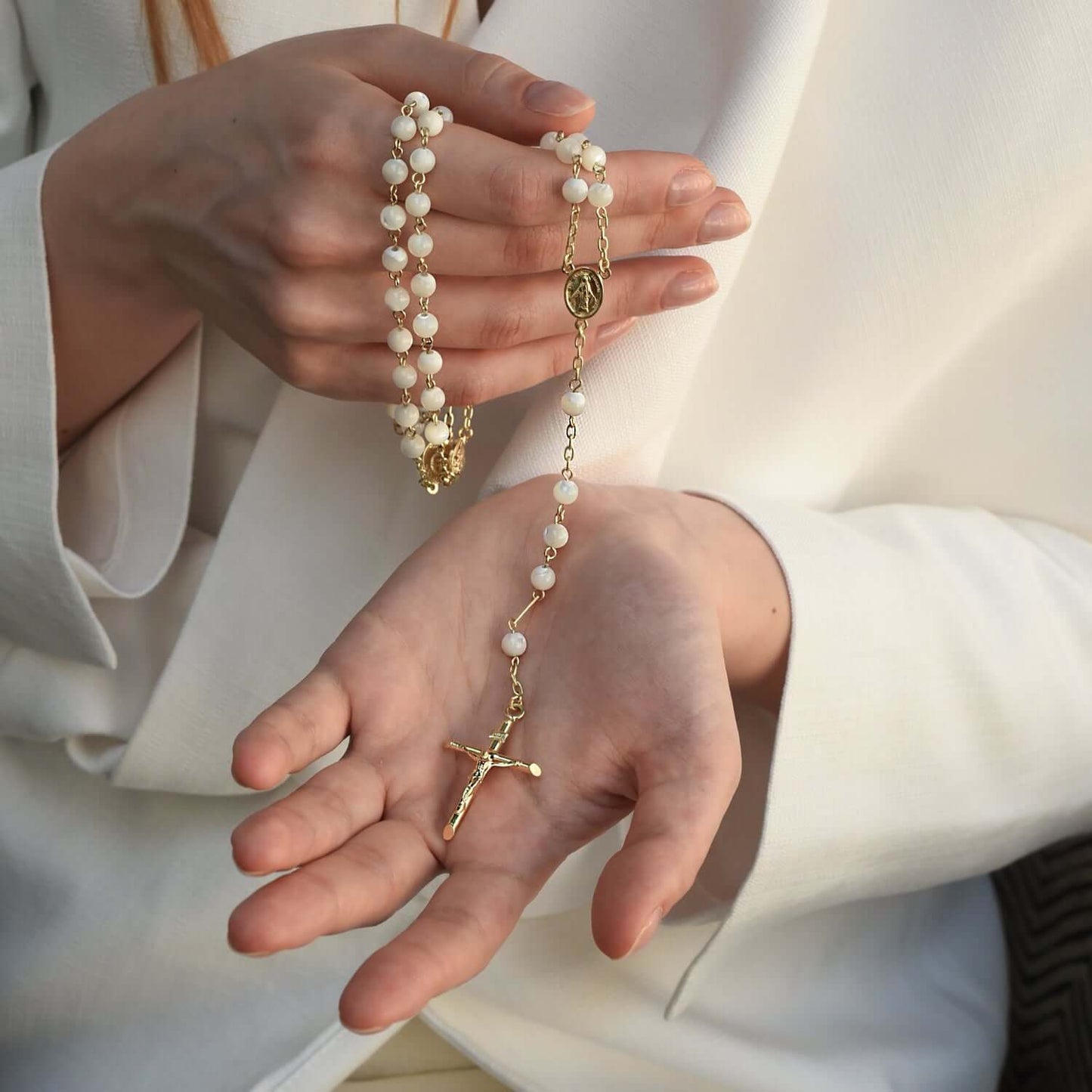 MOTHER OF PEARL ROSARY - VERMEIL SILVER