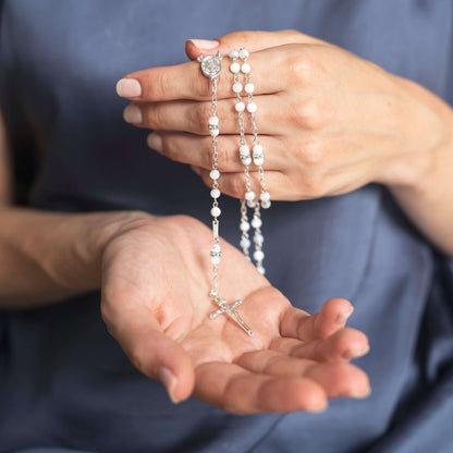 MOTHER OF PEARL AND SWAROVSKI ROSARY - SILVER