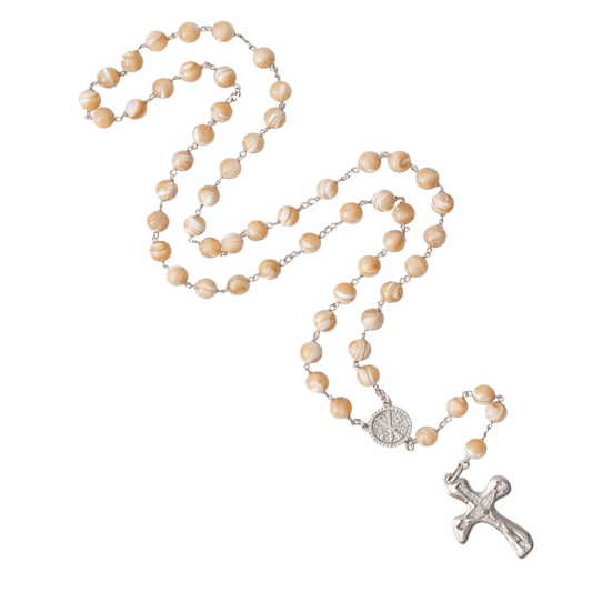 NATURAL MOTHER OF PEARL ROSARY - SILVER