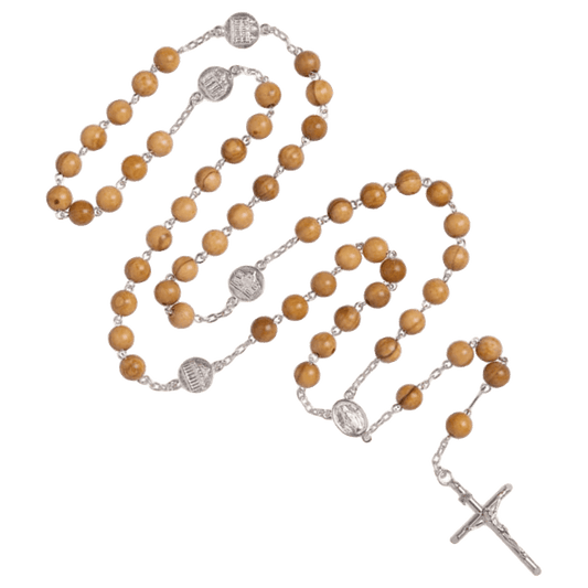 OLIVE WOOD BEADS ROSARY - SILVER