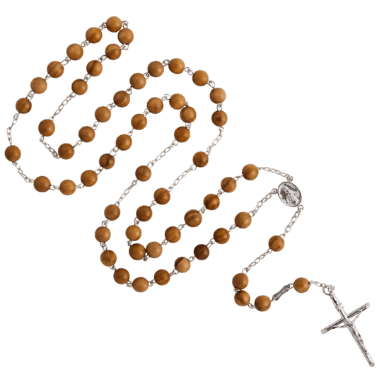 OLIVE WOOD BEADS ROSARY - SILVER