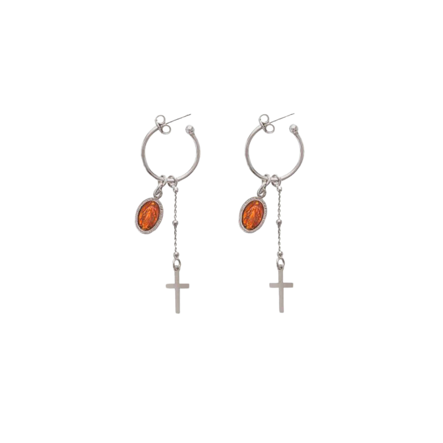 ORANGE MIRACULOUS MEDAL - HOOP EARRINGS - SILVER