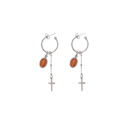 ORANGE MIRACULOUS MEDAL - HOOP EARRINGS - SILVER