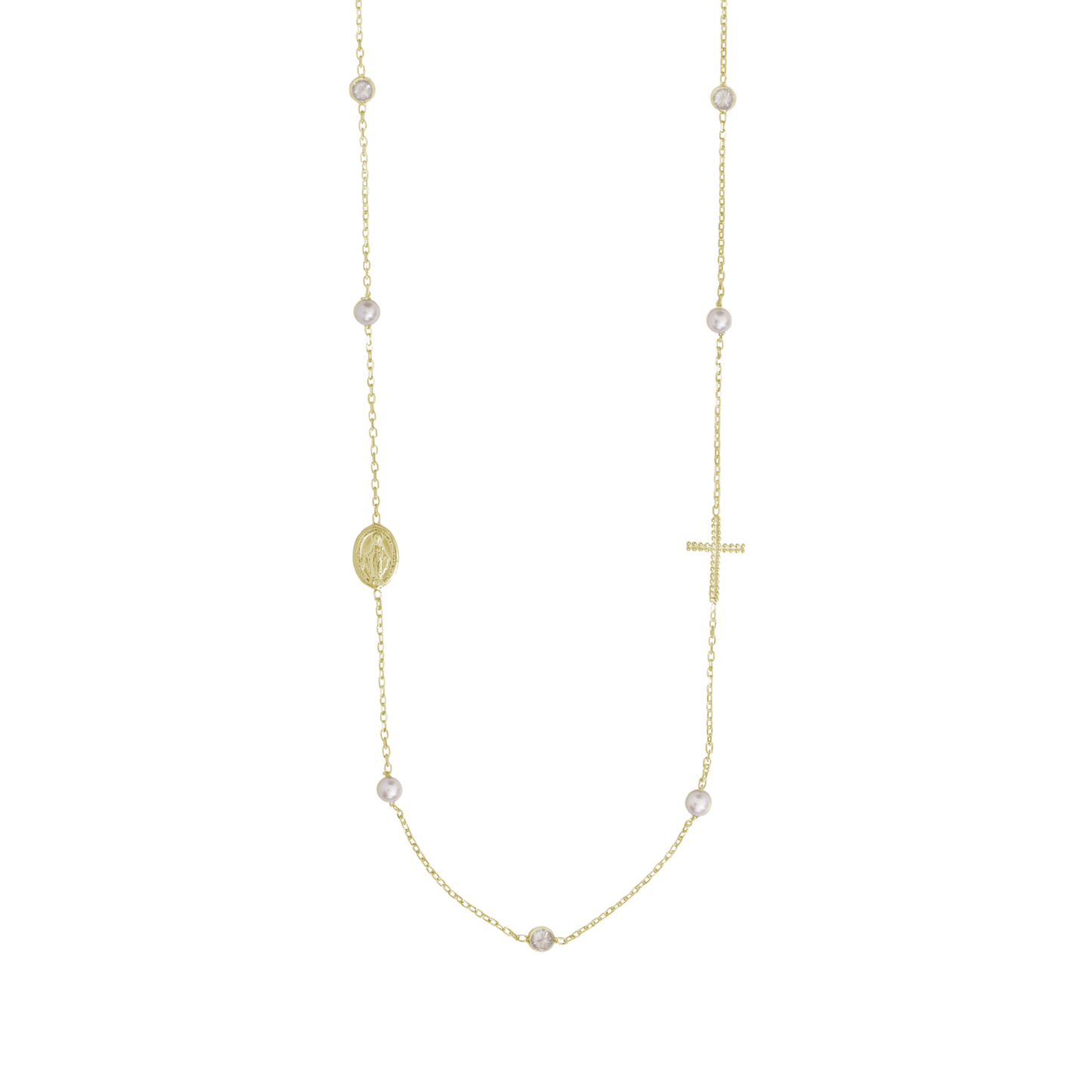 MIRACULOUS AND CROSS - NECKLACE PEARL AND CRYSTAL - VERMEIL SILVER