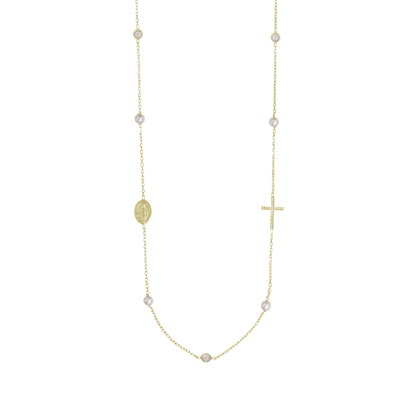 MIRACULOUS AND CROSS - NECKLACE PEARL AND CRYSTAL - VERMEIL SILVER