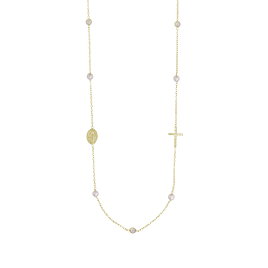 MIRACULOUS AND CROSS - NECKLACE PEARL AND CRYSTAL - VERMEIL SILVER