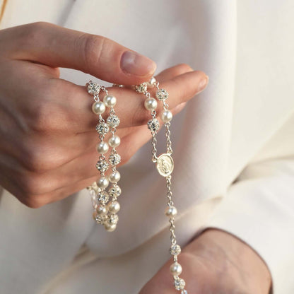 STRASSBALL AND PEARL BEADS ROSARY - SILVER