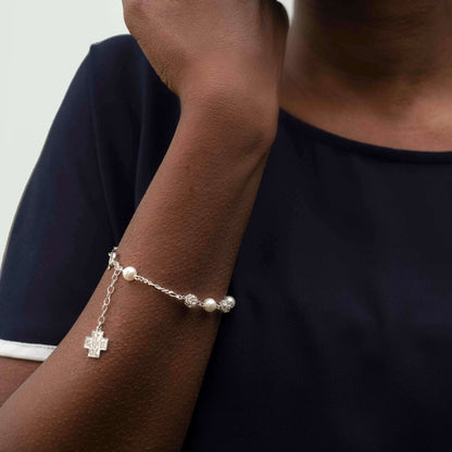 STRASSBALL AND GLASS - PEARL ROSARY BRACELET - SILVER