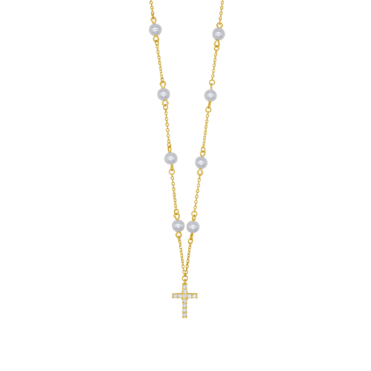 PEARL CROSS NECKLACE - GOLDEN SILVER