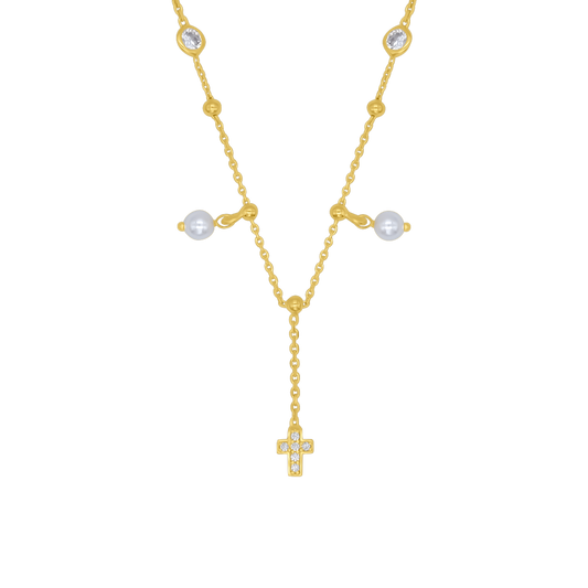 CROSS NECKLACE - PEARL AND GOLDEN SILVER