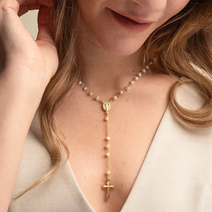 PEARL ROSARY NECKLACE - GOLDEN SILVER