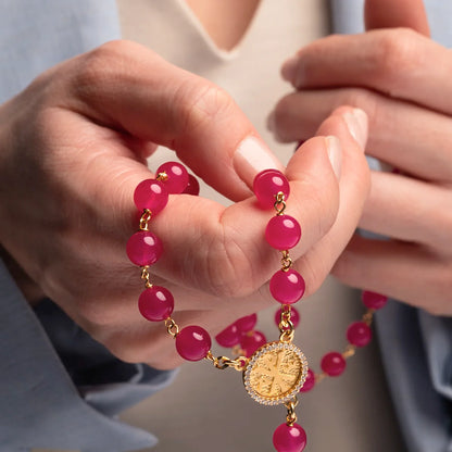 PINK AGATE ROSARY - VERMEIL SILVER
