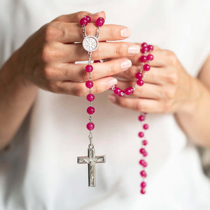 PINK AGATE BEADS ROSARY - SILVER
