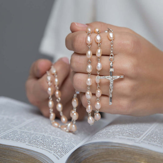ROSE PEARL ROSARY - SILVER